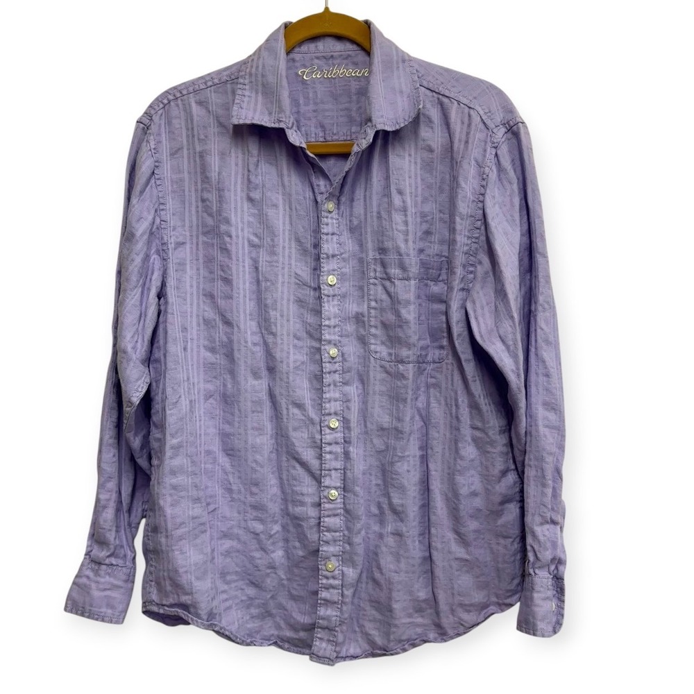 Caribbean Men's Medium Purple Linen Cotton Jacquard Button Down Long Sleeve